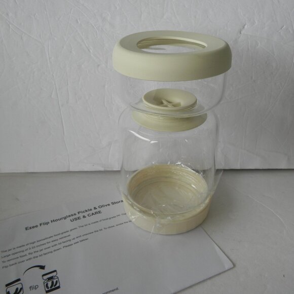 NEW EZEE Flip Glass Hourglass Pickle & Olive Storage Jar CREME - Picture 1 of 2